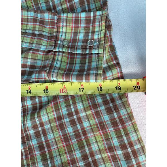 Wrangler Women's sz L Snap Plaid Cotton Shirt LS Blue Brown Green 70s Inspired - Picture 8 of 10